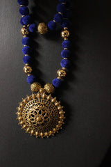 Royal Blue Fabric Beads Antique Gold Finish Religious Motif Pendant
