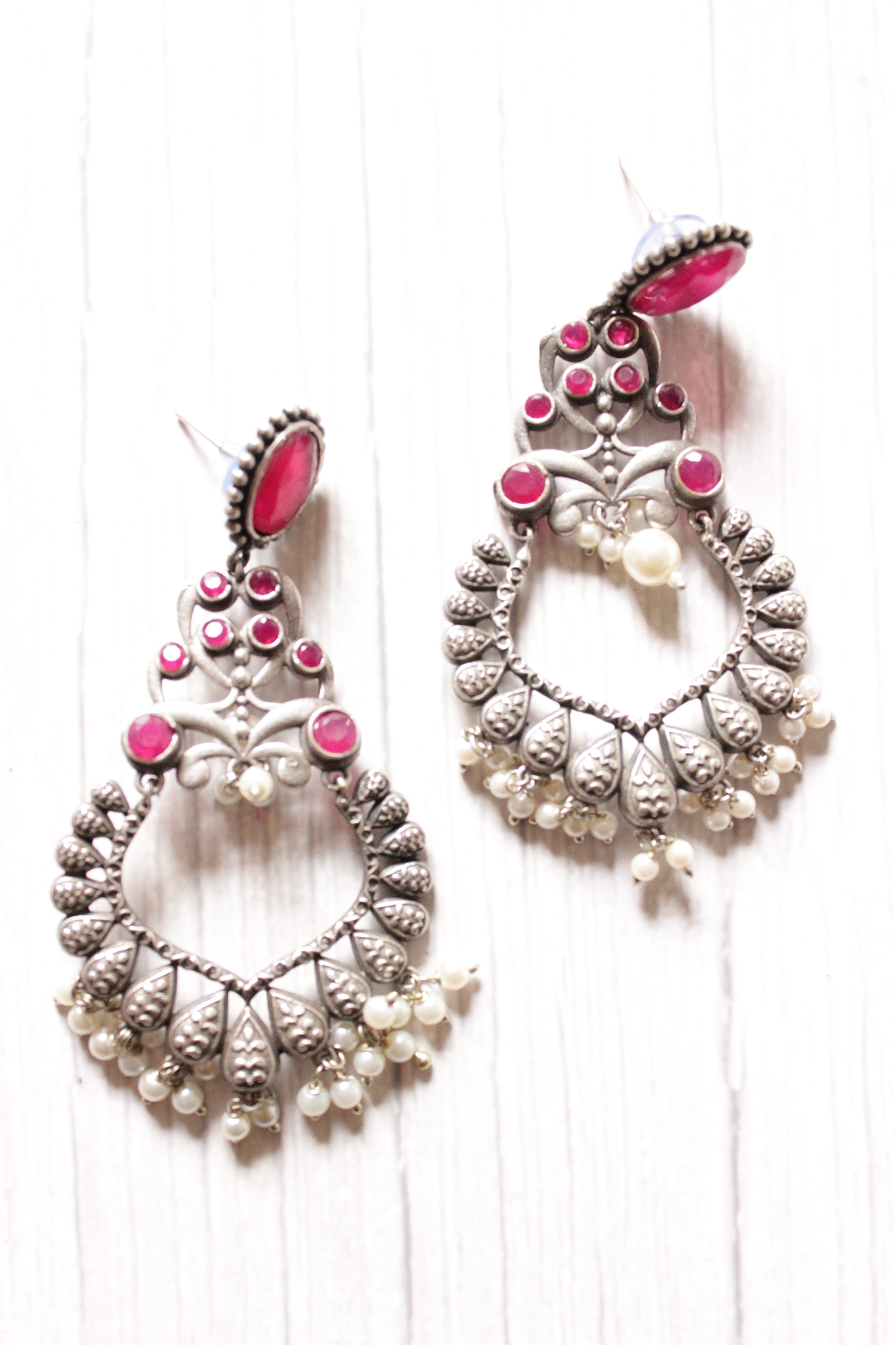 Pink Glass Stones Embedded Oxidised Finish Earrings