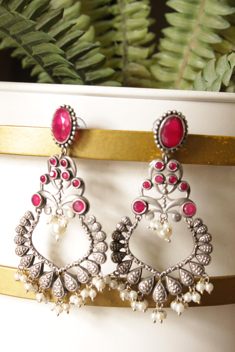 Pink Glass Stones Embedded Oxidised Finish Earrings