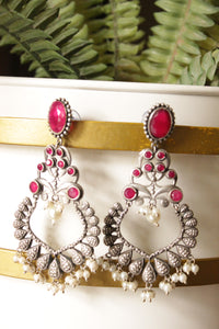 Pink Glass Stones Embedded Oxidised Finish Earrings