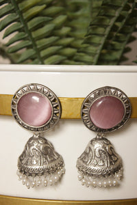 Pink Center Stone Oxidised Finish Brass Jhumka Earrings