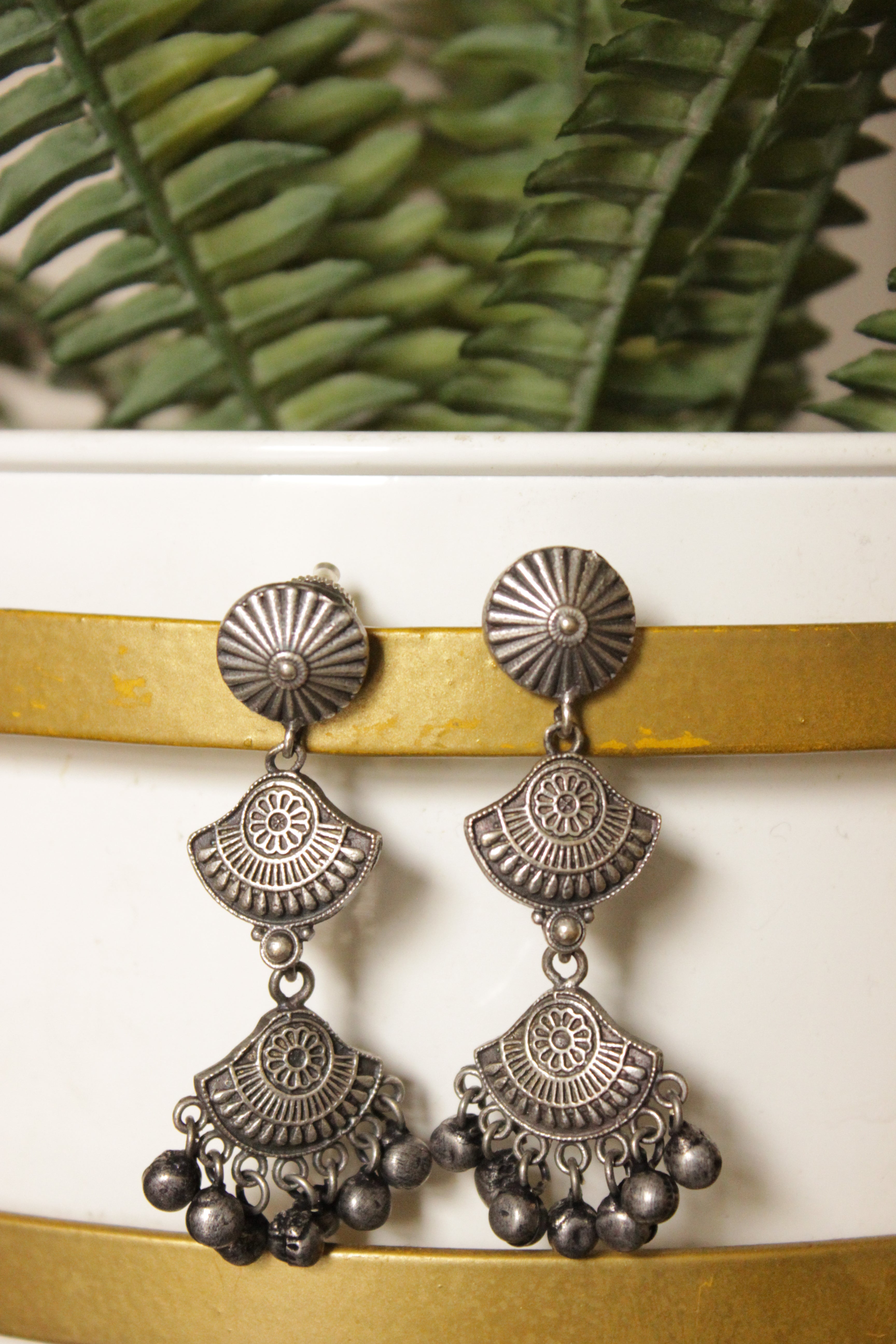 3 Layer Oxidised Finish Metal Dangler Earrings Embellished with Ghungroo Beads