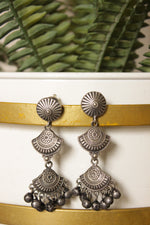Load image into Gallery viewer, 3 Layer Oxidised Finish Metal Dangler Earrings Embellished with Ghungroo Beads
