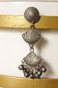 3 Layer Oxidised Finish Metal Dangler Earrings Embellished with Ghungroo Beads