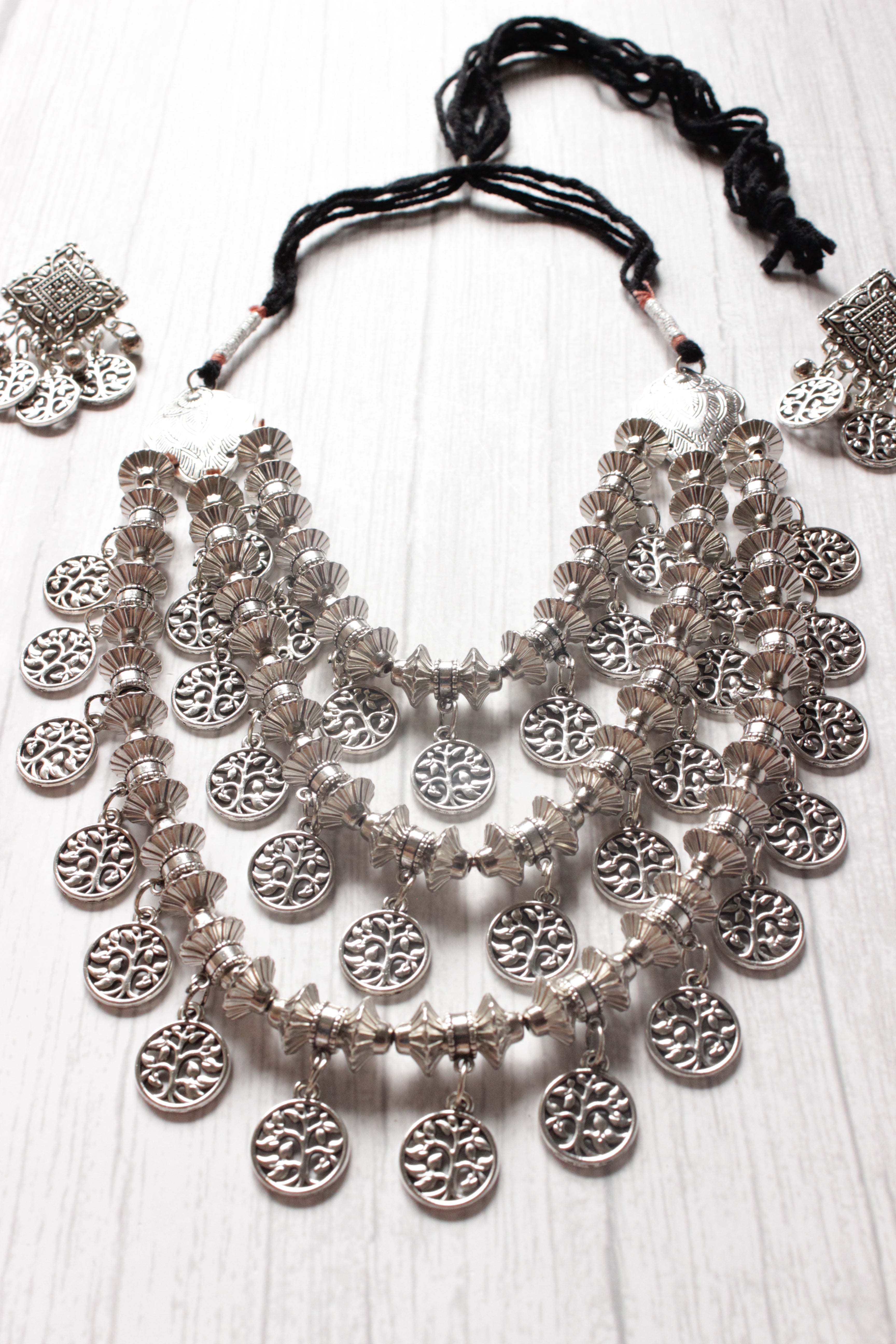 3 Layer Stamped Coins Necklace with Thread Closure