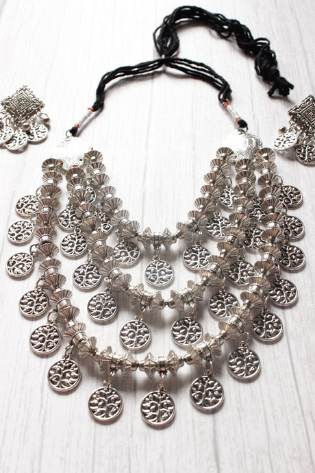 3 Layer Stamped Coins Necklace with Thread Closure