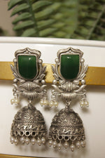 Load image into Gallery viewer, Green Natural Gemstone Embedded Oxidised Finish Brass Jhumka Earrings
