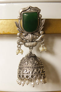 Green Natural Gemstone Embedded Oxidised Finish Brass Jhumka Earrings