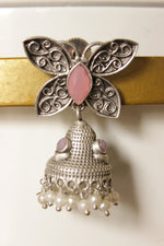 Load image into Gallery viewer, Pink Center Stone Silver Finish Butterfly Brass Jhumka Earrings
