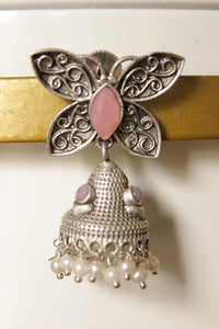 Pink Center Stone Silver Finish Butterfly Brass Jhumka Earrings