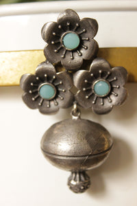 Turquoise Glass Stones Embedded Premium Oxidised Finish Flower and Bud Shaped Dangler Earrings