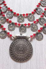 Load image into Gallery viewer, 3 Layer Red Glass Beads and Stamped Metal Coins Braided Necklace with Statement Metal Pendant
