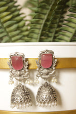 Load image into Gallery viewer, Pink Natural Gemstone Embedded Oxidised Finish Brass Jhumka Earrings
