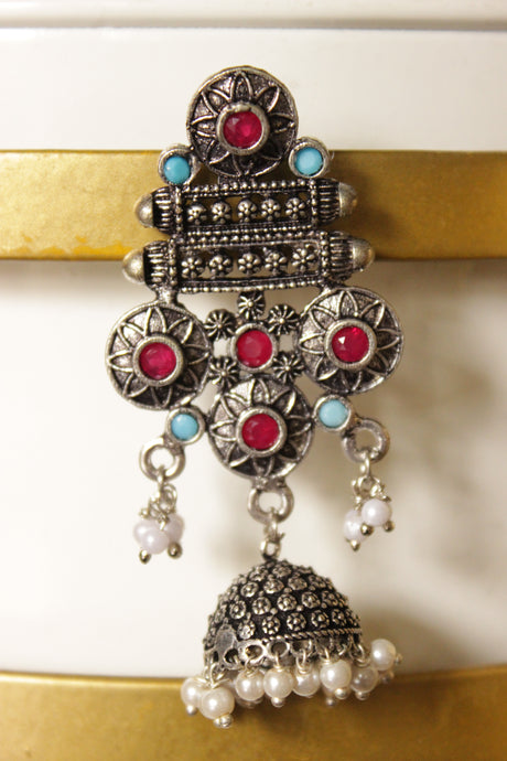 Pink & Blue Glass Stones Embedded Oxidised Finish Dangler Jhumka Earrings