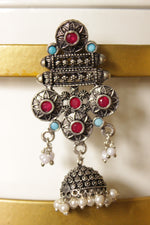 Load image into Gallery viewer, Pink &amp; Blue Glass Stones Embedded Oxidised Finish Dangler Jhumka Earrings
