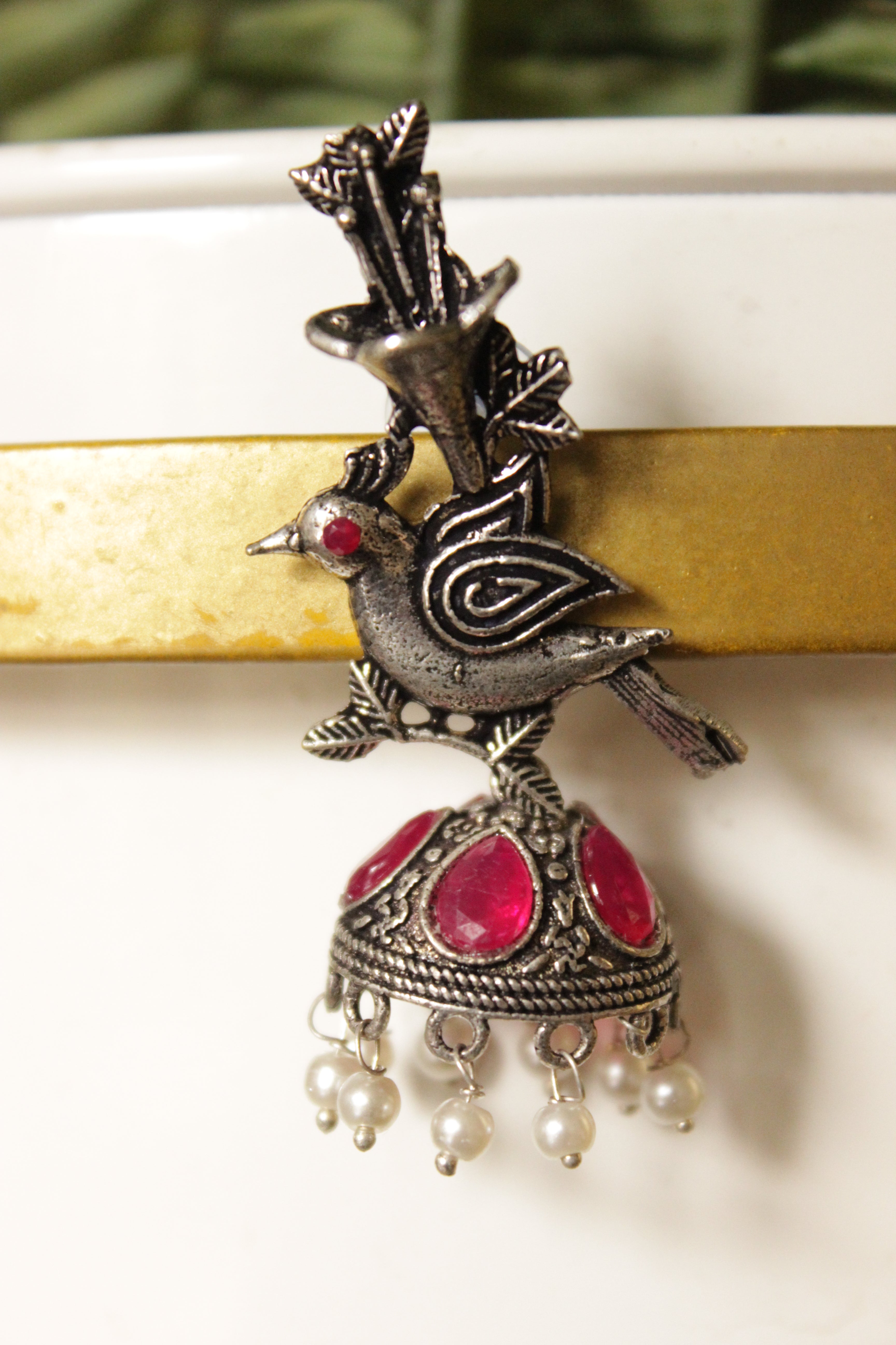 Fuchsia Glass Stones Embedded Bird Motif Oxidised Finish Dangler Jhumka Earrings
