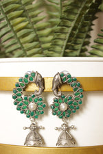 Load image into Gallery viewer, Green Natural Gemstones Embedded Oxidised Finish Elephant Motif Brass Jhumka Earrings
