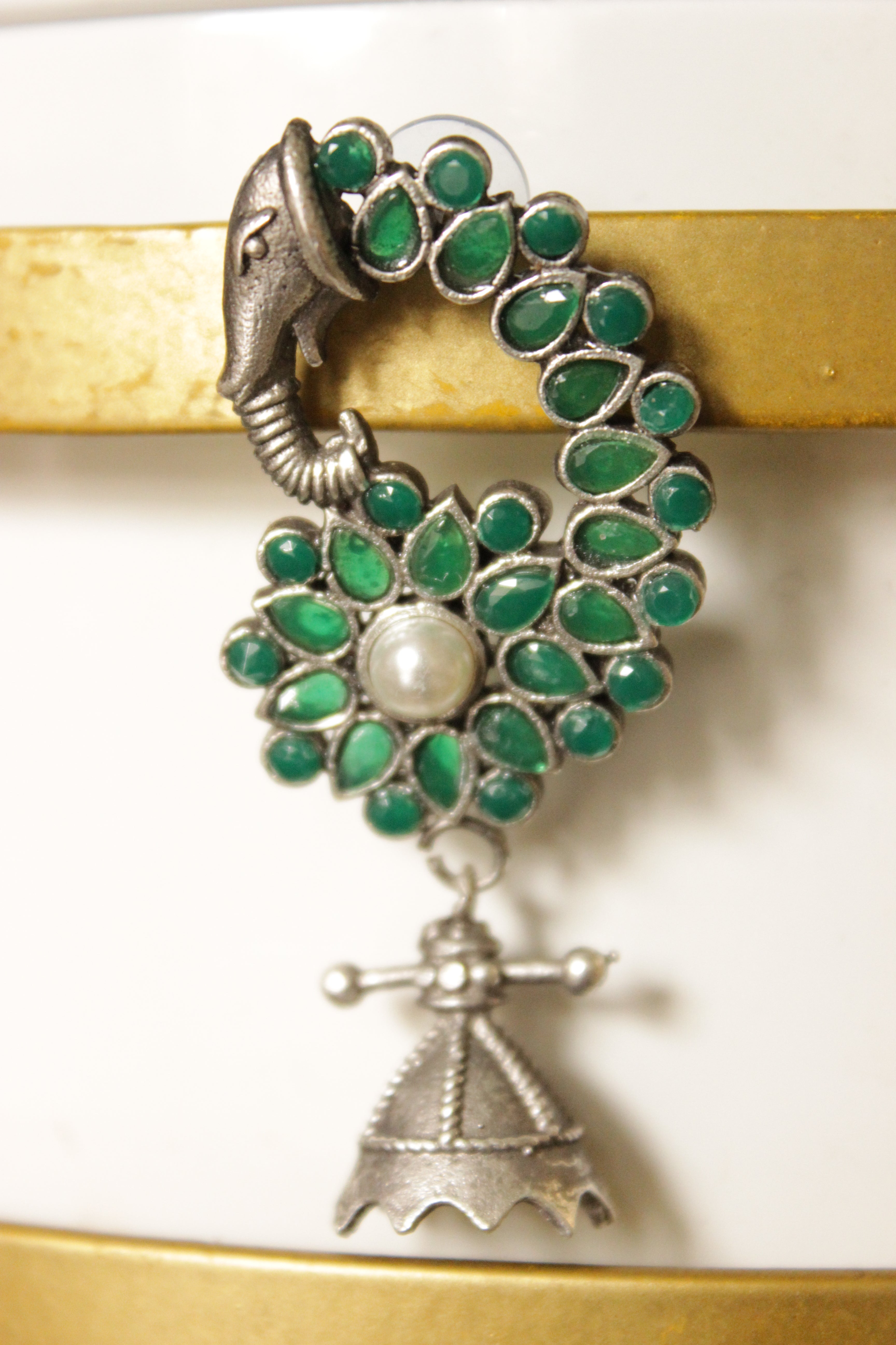 Green Natural Gemstones Embedded Oxidised Finish Elephant Motif Brass Jhumka Earrings