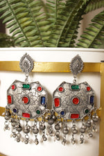 Load image into Gallery viewer, Oxidised Finish Statement Dangler Earrings Accentuated with Multi-Color Glass Stones
