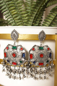 Oxidised Finish Statement Dangler Earrings Accentuated with Multi-Color Glass Stones