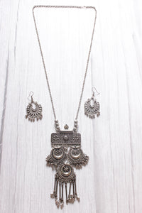 Long Chain Oxidised Silver Finish Metal Necklace Set with Half Moon Shaped Earrings