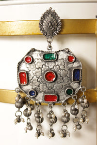 Oxidised Finish Statement Dangler Earrings Accentuated with Multi-Color Glass Stones