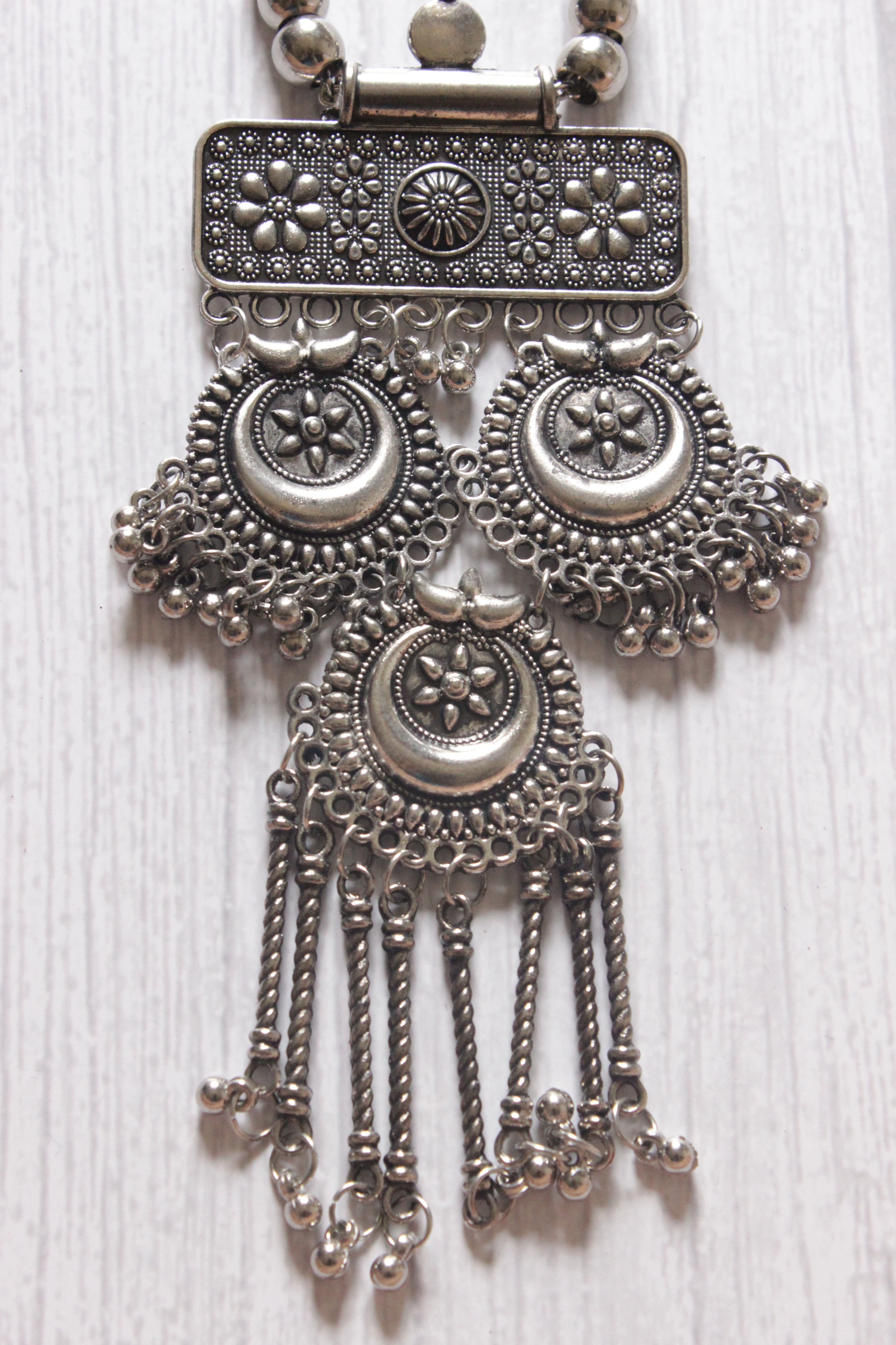 Long Chain Oxidised Silver Finish Metal Necklace Set with Half Moon Shaped Earrings