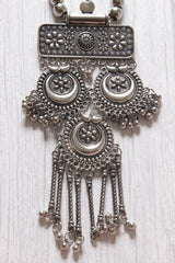 Long Chain Oxidised Silver Finish Metal Necklace Set with Half Moon Shaped Earrings