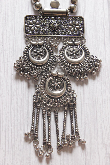 Long Chain Oxidised Silver Finish Metal Necklace Set with Half Moon Shaped Earrings