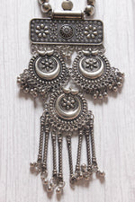Load image into Gallery viewer, Long Chain Oxidised Silver Finish Metal Necklace Set with Half Moon Shaped Earrings
