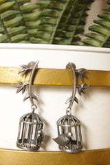 Bird Outside the Cage Oxidised Finish Brass Earrings