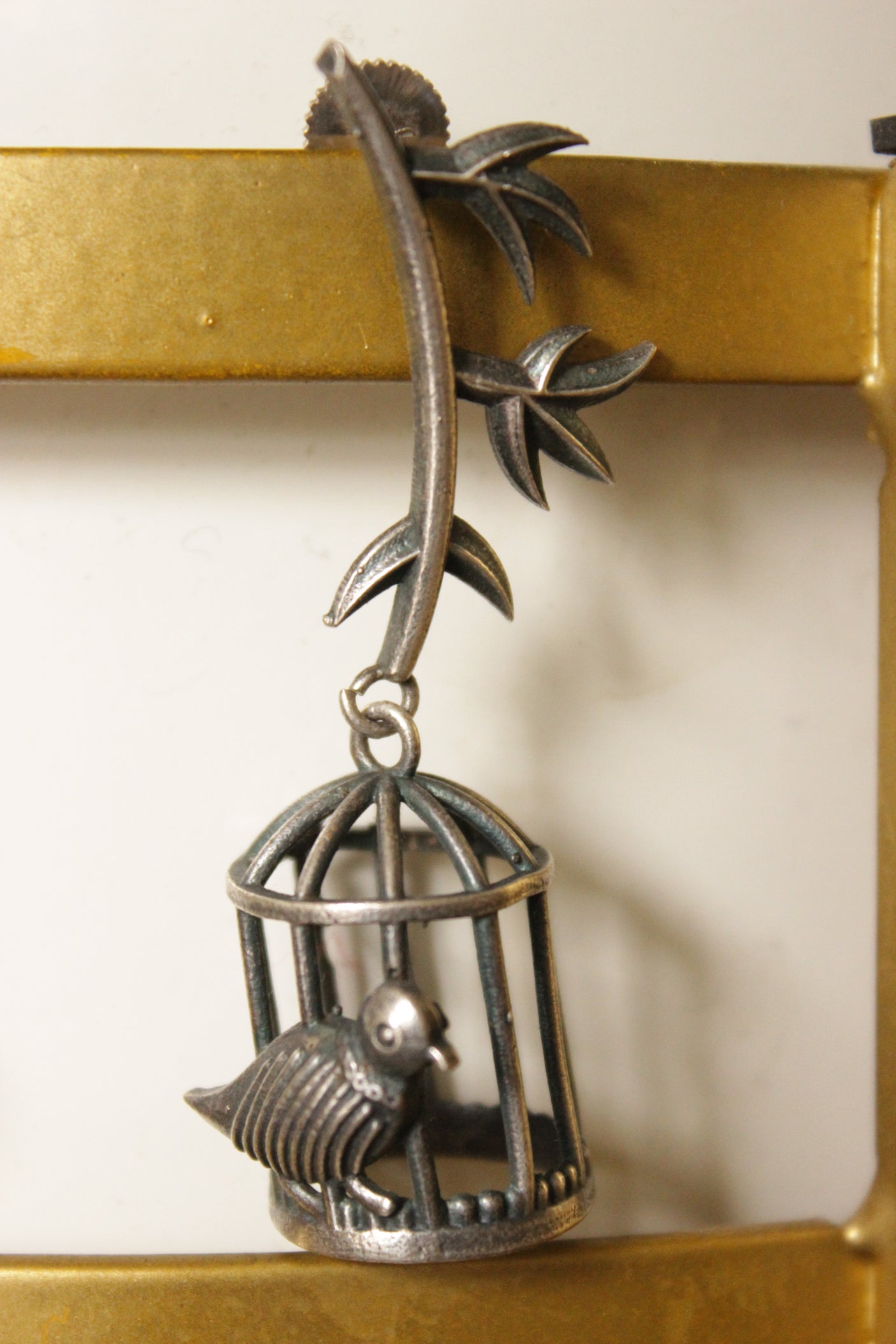 Bird Outside the Cage Oxidised Finish Brass Earrings