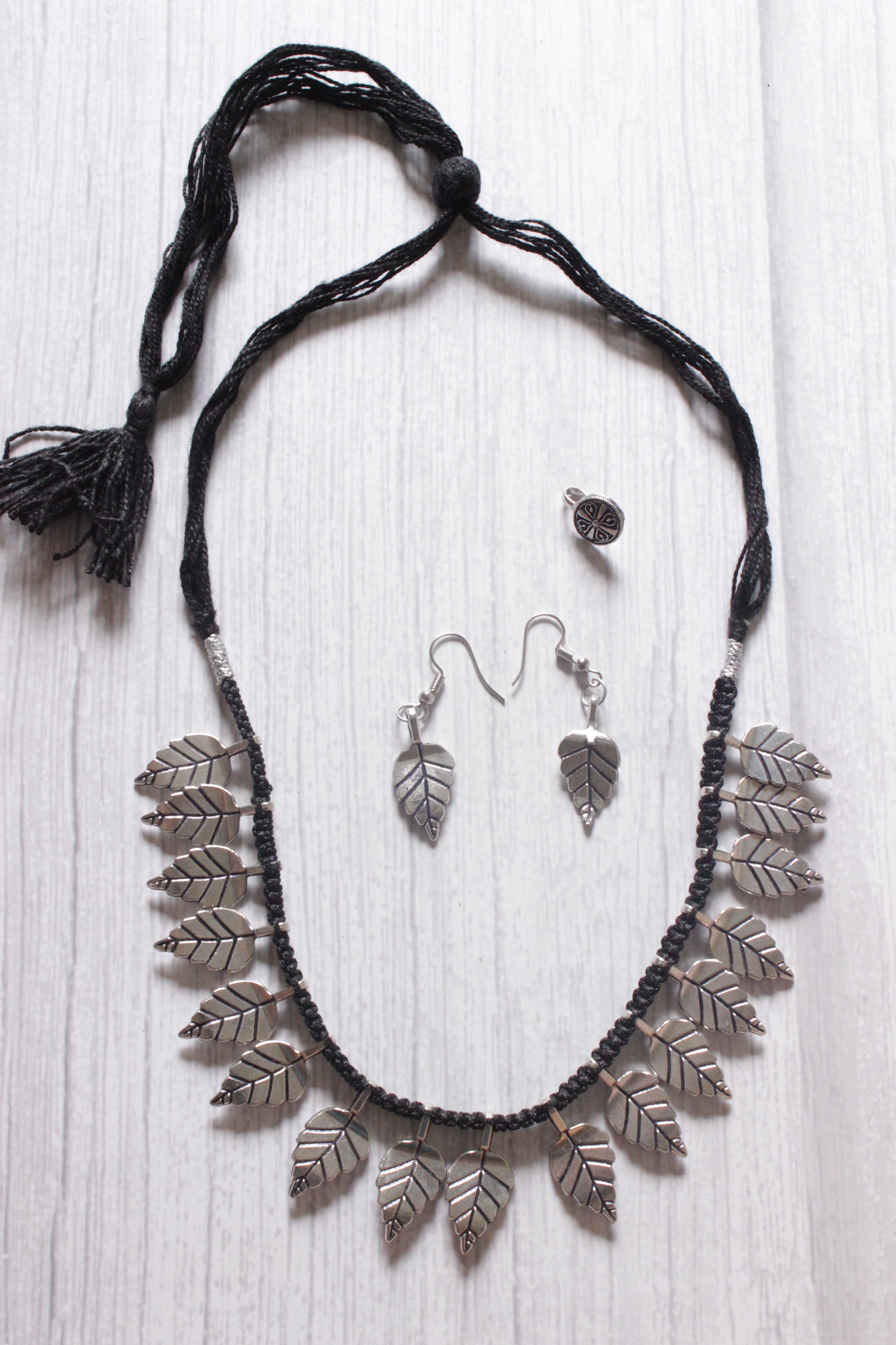 Set of 3 Leaf Motif Black Beads Braided Necklace Set with Nosepin