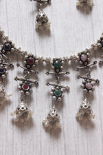 Load image into Gallery viewer, Multi-Color Stones Embedded Thread Closure Necklace Set with Long Dangler Earrings
