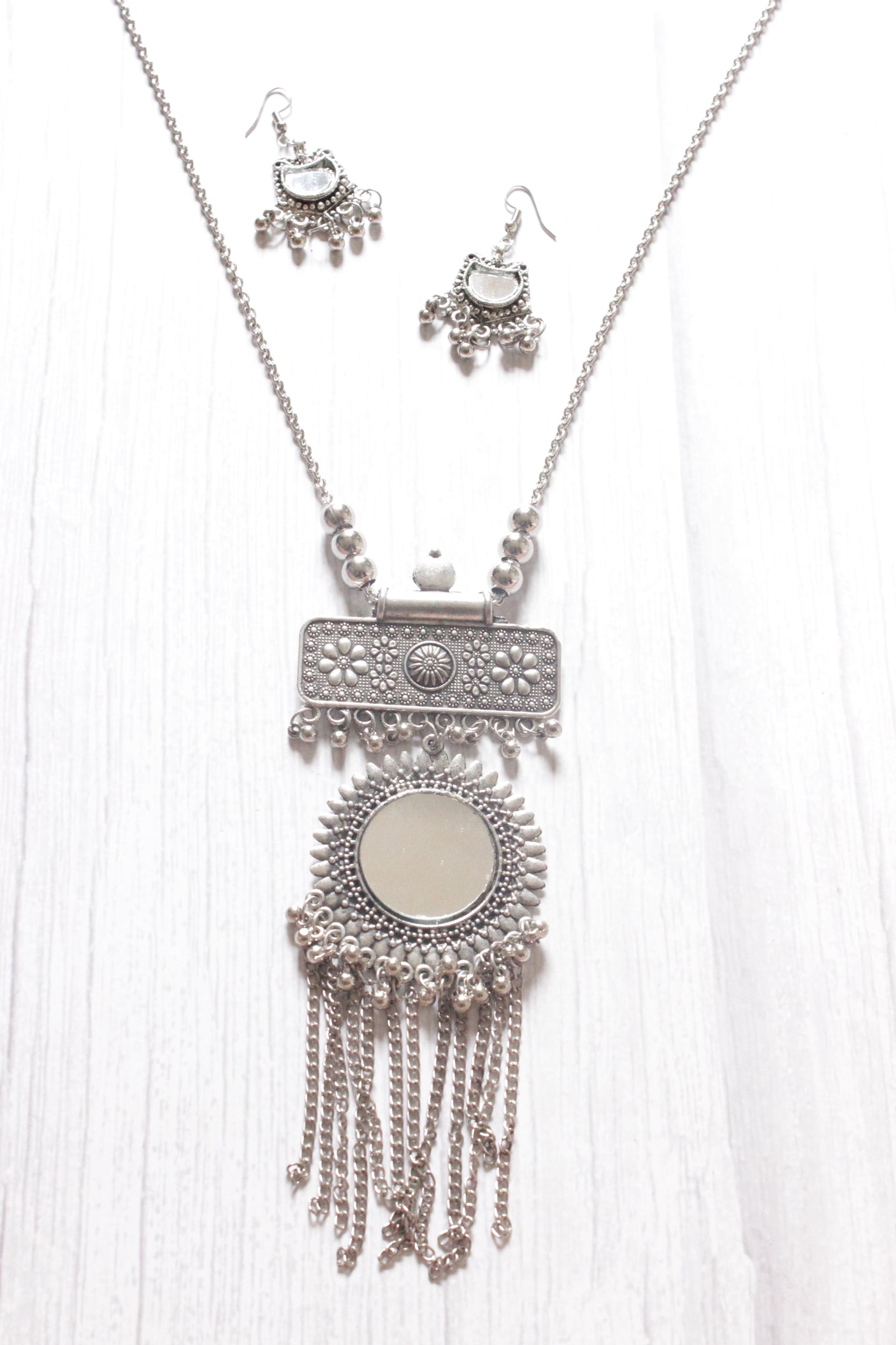 Mirror Work Pendant and Earrings Long Chain Silver Finish Metal Necklace Set
