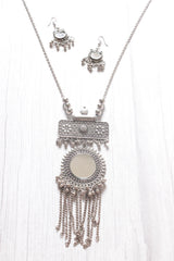 Mirror Work Pendant and Earrings Long Chain Silver Finish Metal Necklace Set