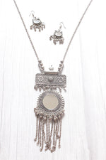 Load image into Gallery viewer, Mirror Work Pendant and Earrings Long Chain Silver Finish Metal Necklace Set
