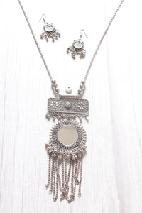 Mirror Work Pendant and Earrings Long Chain Silver Finish Metal Necklace Set