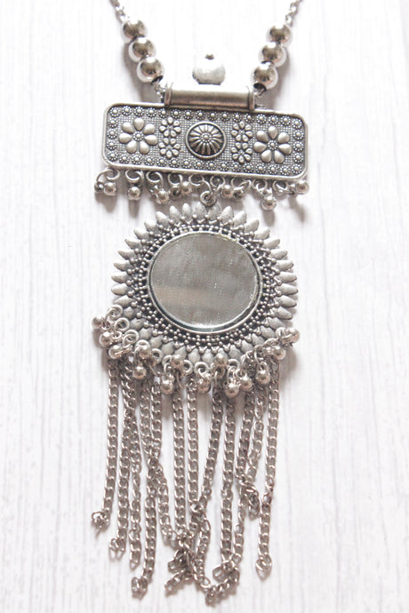 Mirror Work Pendant and Earrings Long Chain Silver Finish Metal Necklace Set