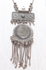 Load image into Gallery viewer, Mirror Work Pendant and Earrings Long Chain Silver Finish Metal Necklace Set
