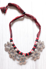 Load image into Gallery viewer, Black and Red Fabric Beads Flower Motifs Metal Charms Necklace
