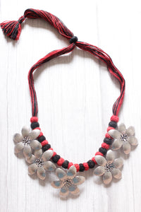 Black and Red Fabric Beads Flower Motifs Metal Charms Necklace