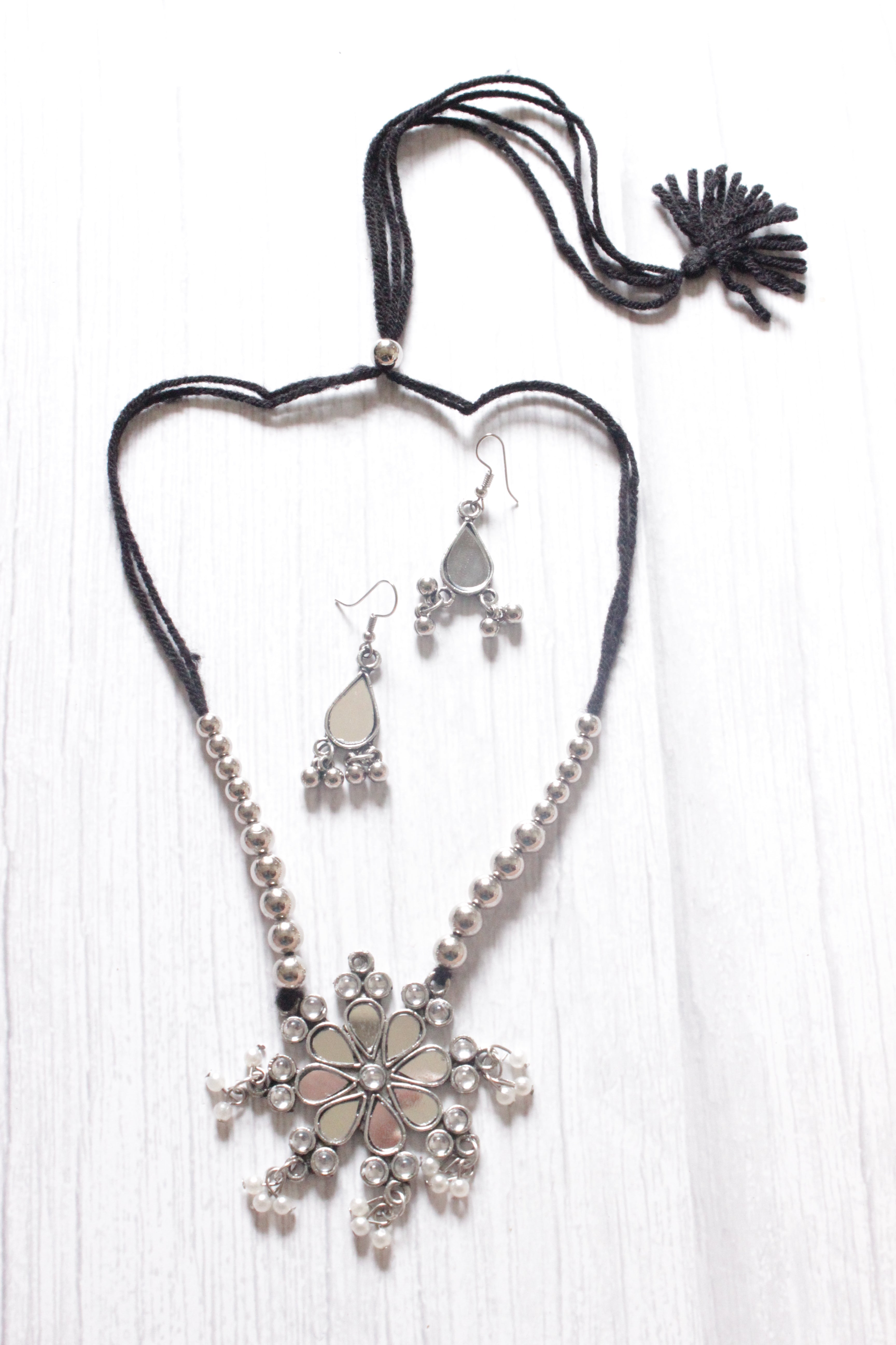 Mirror Work Pendant and Earrings Flower Motif Long Chain Silver Finish Metal Necklace Set