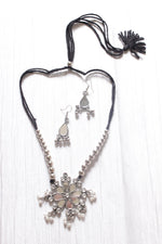 Load image into Gallery viewer, Mirror Work Pendant and Earrings Flower Motif Long Chain Silver Finish Metal Necklace Set
