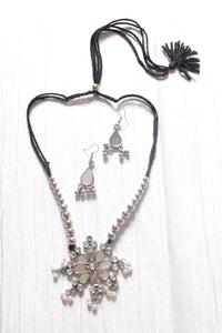 Mirror Work Pendant and Earrings Flower Motif Long Chain Silver Finish Metal Necklace Set