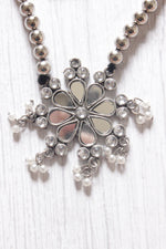 Load image into Gallery viewer, Mirror Work Pendant and Earrings Flower Motif Long Chain Silver Finish Metal Necklace Set
