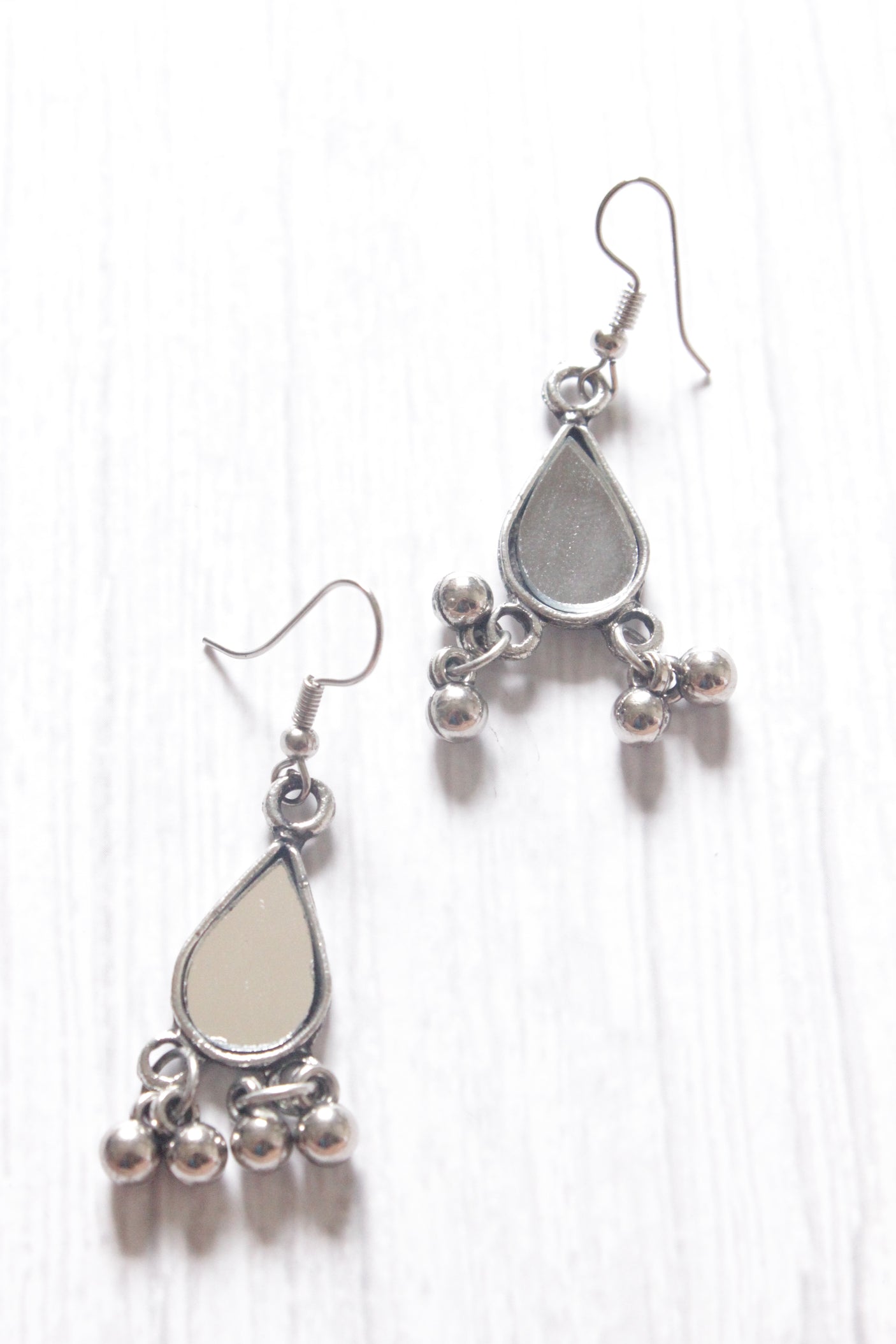 Mirror Work Pendant and Earrings Flower Motif Long Chain Silver Finish Metal Necklace Set