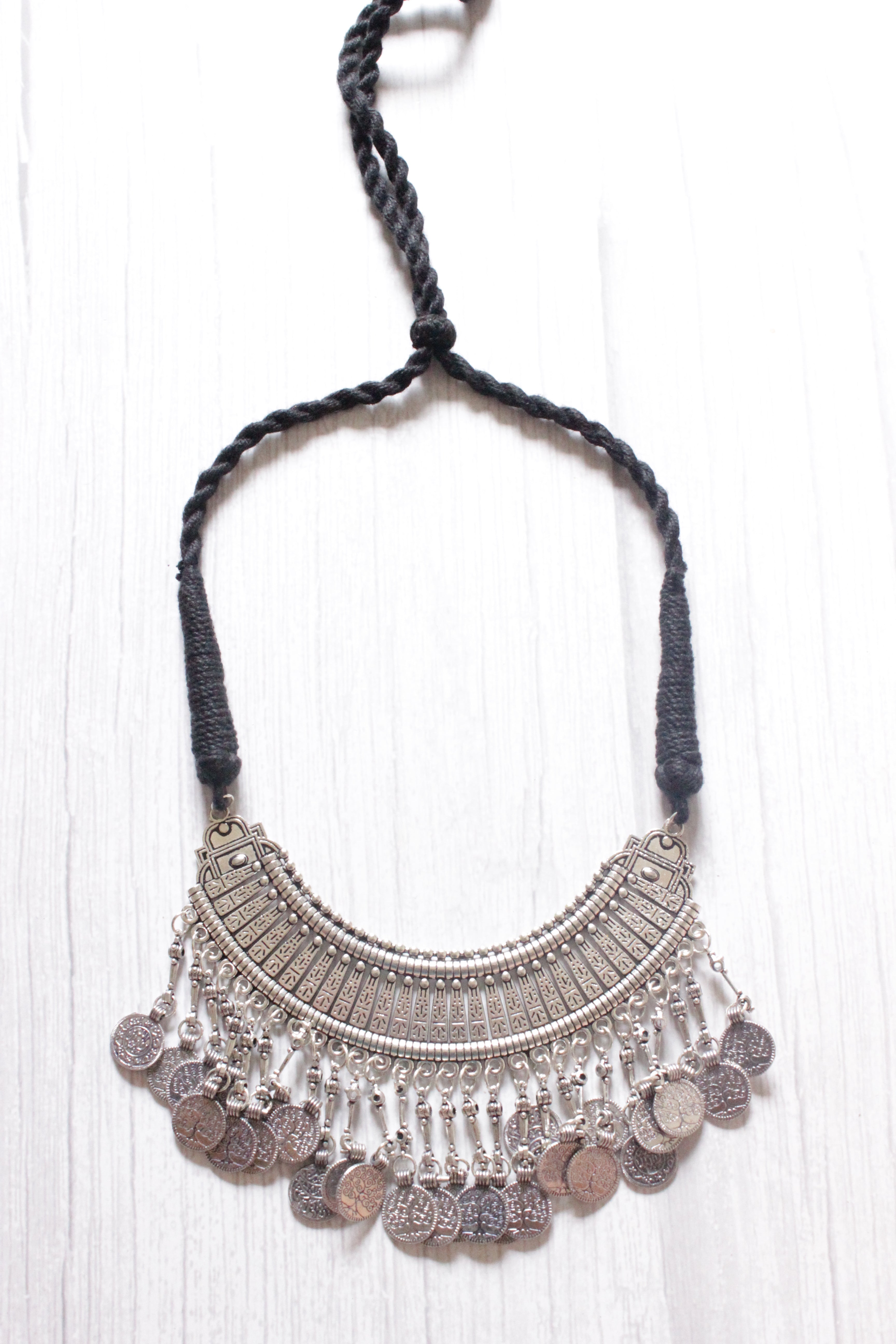 Hasli Style Choker Necklace with Stamped Coins Strings and Thread Closure