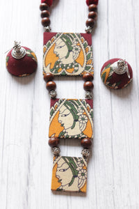 Hand Painted Woman Face Red and Yellow Fabric Necklace Set with Jhumka Earrings