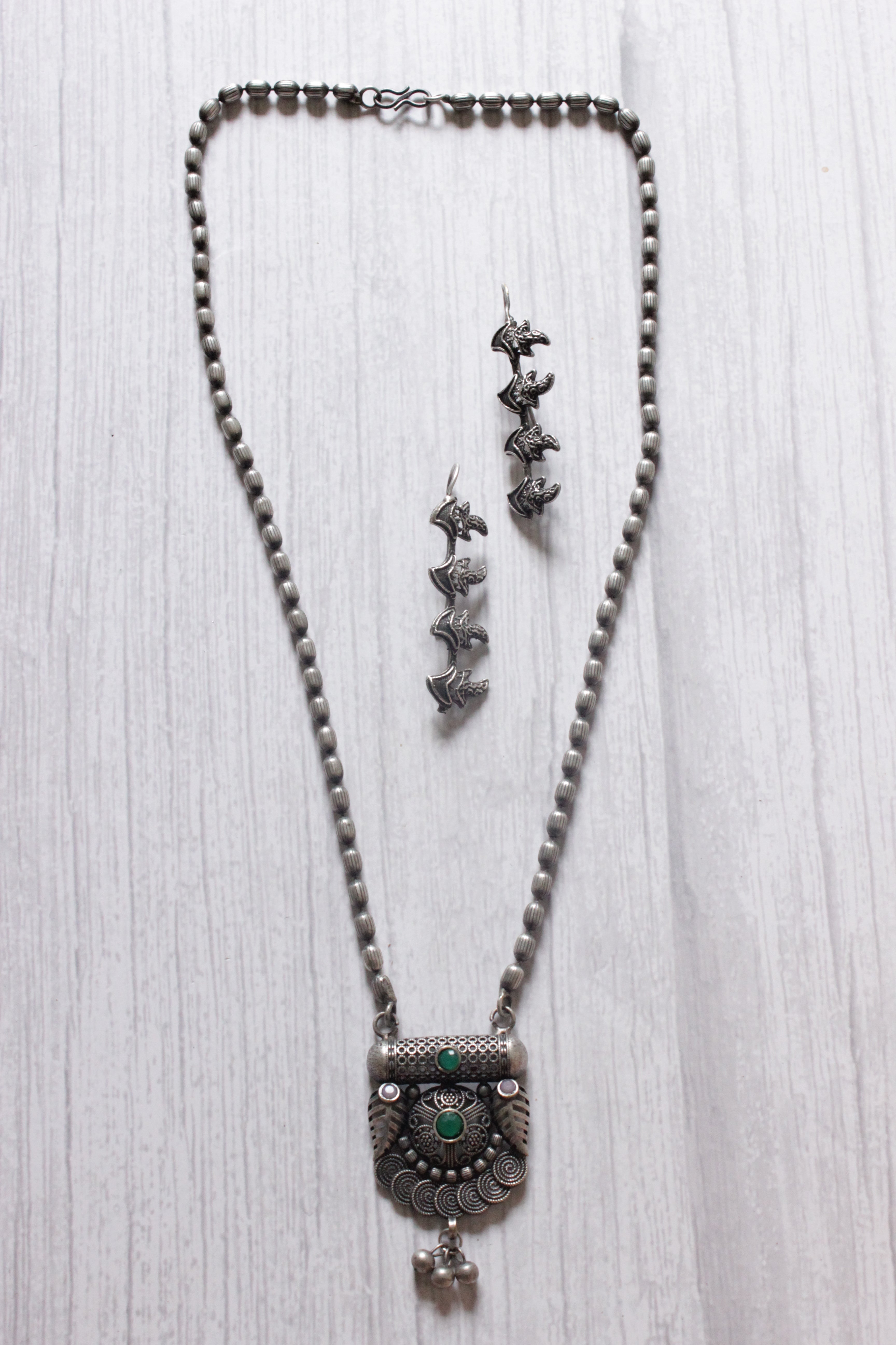 Long Metal Beads Chain Oxidised Silver Metal Necklace Set
